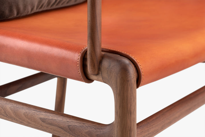 DANISH OILED WALNUT & DARK TAN LEATHER & BALBOA 29 FABRIC