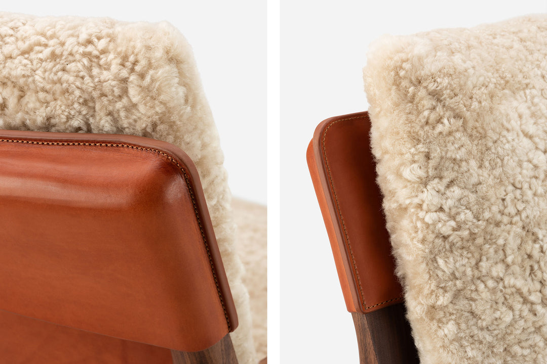 DANISH OILED WALNUT & DARK TAN LEATHER & MOHAWI CURLY WOOL SHEEPSKIN