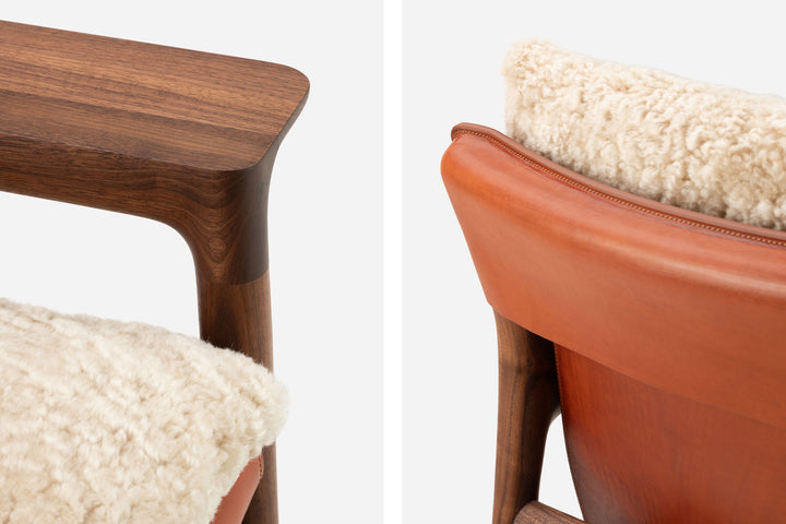 DANISH OILED WALNUT & DARK TAN LEATHER & MOHAWI CURLY WOOL SHEEPSKIN