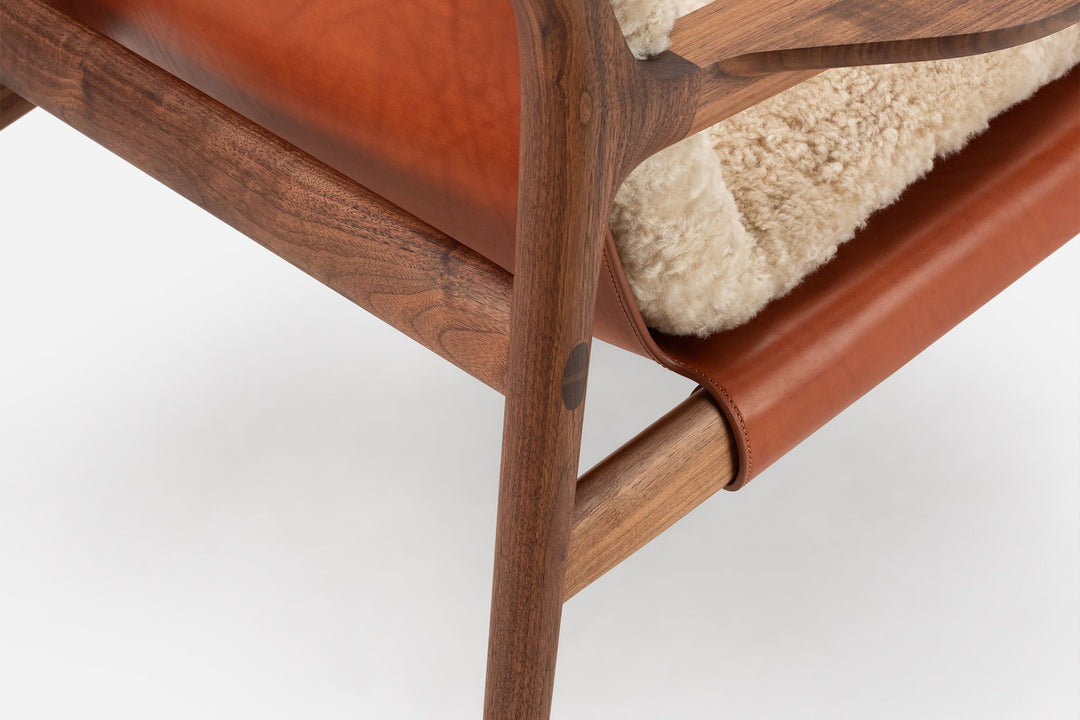 DANISH OILED WALNUT & DARK TAN LEATHER & MOHAWI CURLY WOOL SHEEPSKIN