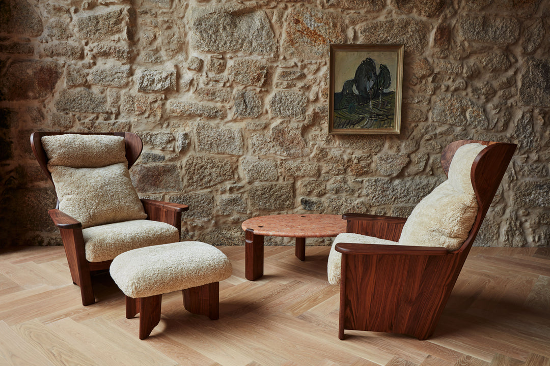 DANISH OILED WALNUT & MOHAWI SHEEPSKIN (+ TWENTY-FIVE BERGERE + TWENTY-FIVE COFFEE TABLE)