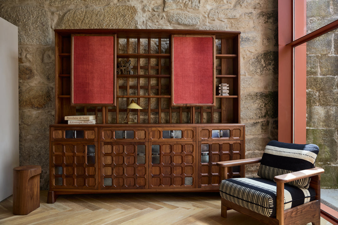 DANISH OILED WALNUT & GREY CERAMIC & MADDER RED FLORES TEXTILE LINEN (MODEL: LF)