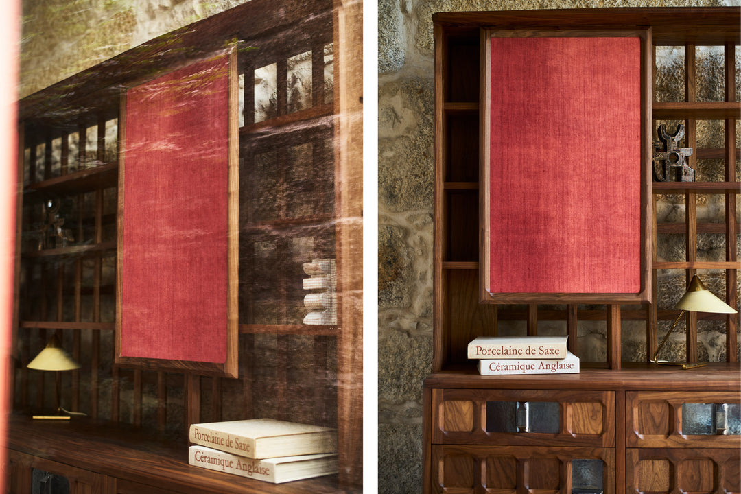 DANISH OILED WALNUT & GREY CERAMIC & MADDER RED FLORES TEXTILE LINEN (MODEL: LF)