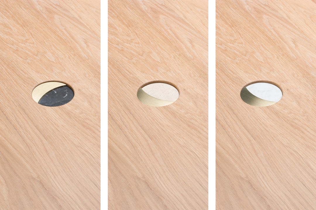 WHITE OILED OAK & BLACK MARQUINA MARBLE, ATAIJA CREME LIMESTONE, CARRARA MARBLE