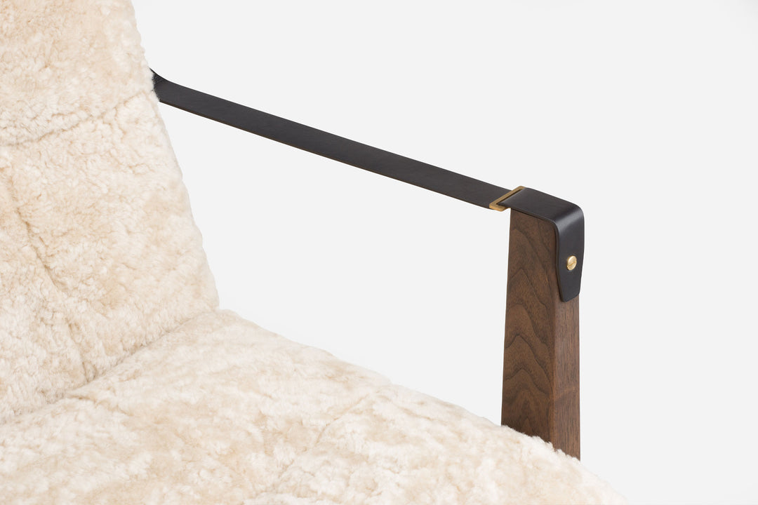 BLACK OILED WALNUT & MOHAWI CURLY WOOL SHEEPSKIN & BLACK LEATHER STRAPS