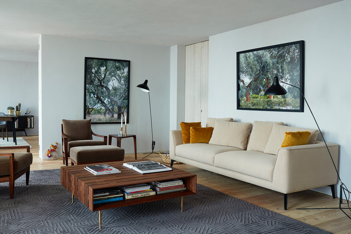 DANISH OILED WALNUT & BRASS (MODEL: 381L + MCQUEEN SOFA, LOW LOUNGE CHAIR AND OTTOMAN, MARY'S SIDE TABLE)